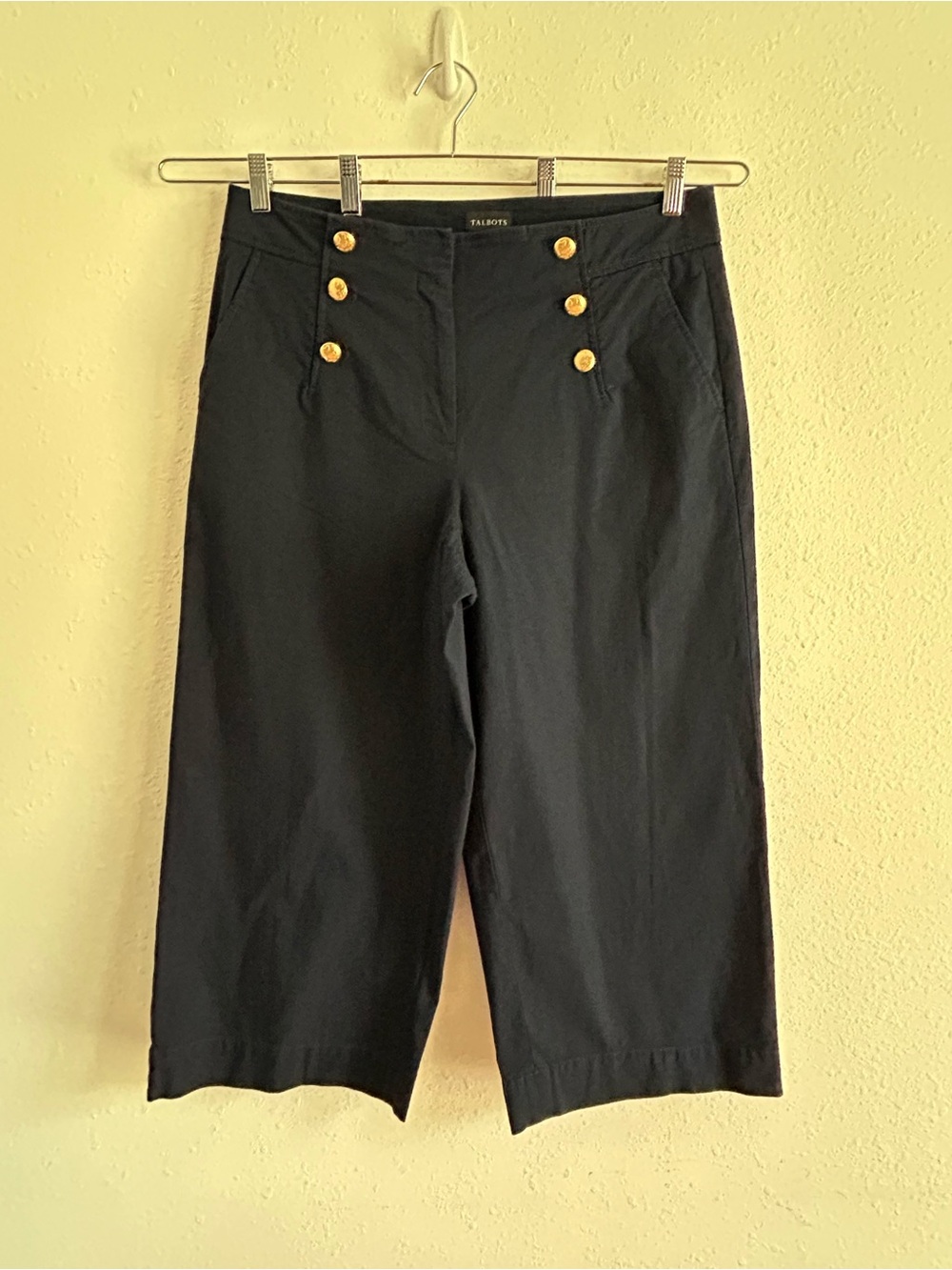 Talbots Wide Leg Cropped Pants Size 14 Navy Blue Nautical Gold Buttons Preppy - Picture 2 of 9